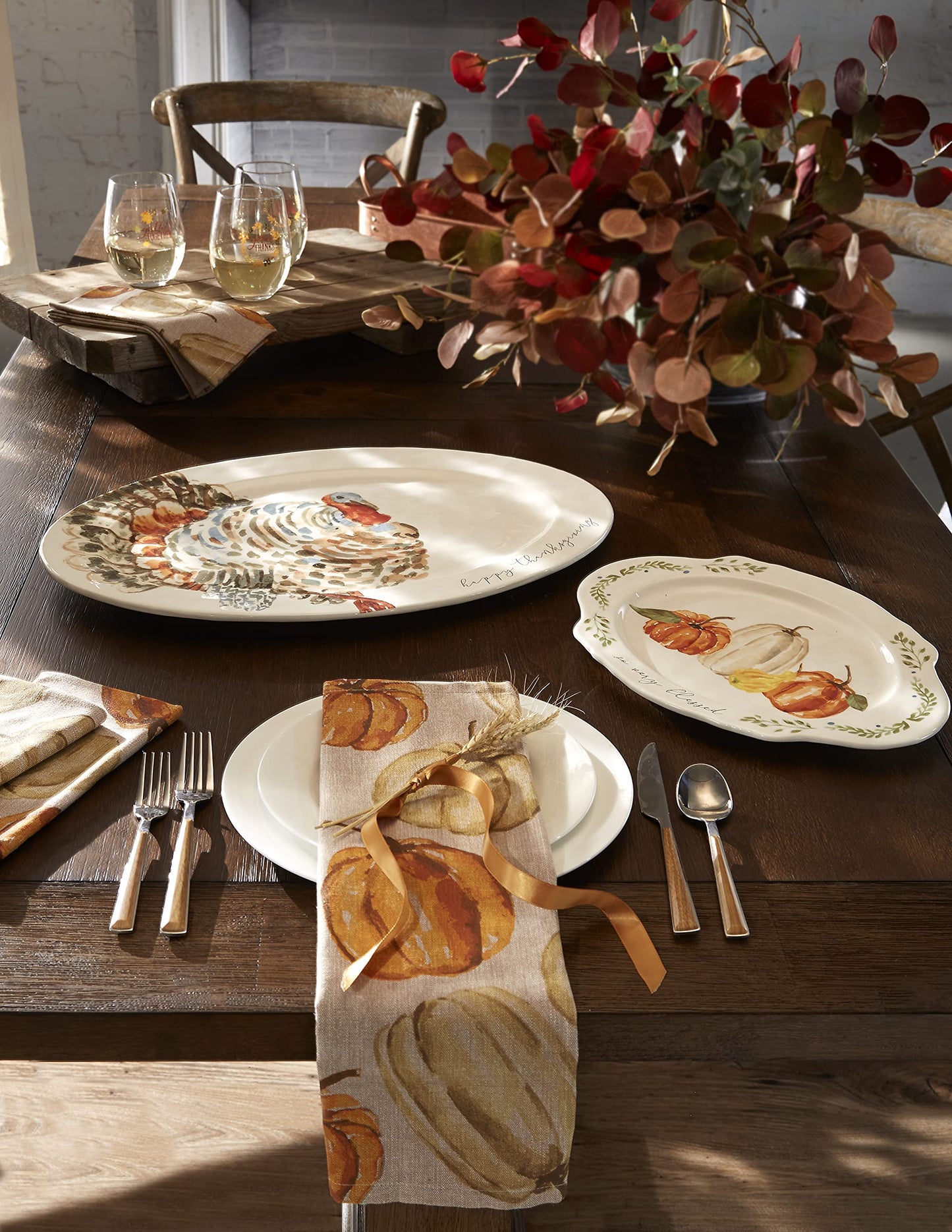Mud Pie Turkey Platter, Large Thanksgiving Serving Platter, White Ceramic