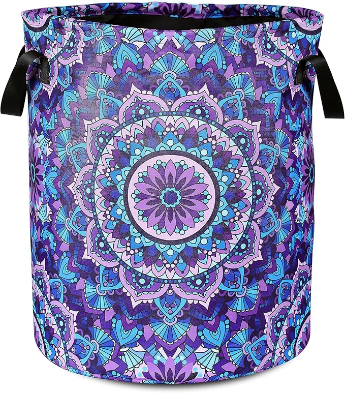 Mandala Laundry Basket Beautiful Flowers Foldable Oxford Cloth Funny Tote Bag Laundry Hamper Clothes Storage Bucket Organizer For Bathroom/Laundry Storage/Bedroom 17.7x13.7 Inch