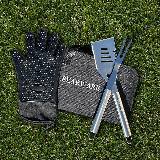 SEARWARE Barbecue Grill Tool Set - Stainless Steel - Strong Durable Design - Heat Resistant Glove & Bristle Free Grill Brush - Thermometer, Meat Injector, & Corn Skewers - Perfect For Smokers & Grills