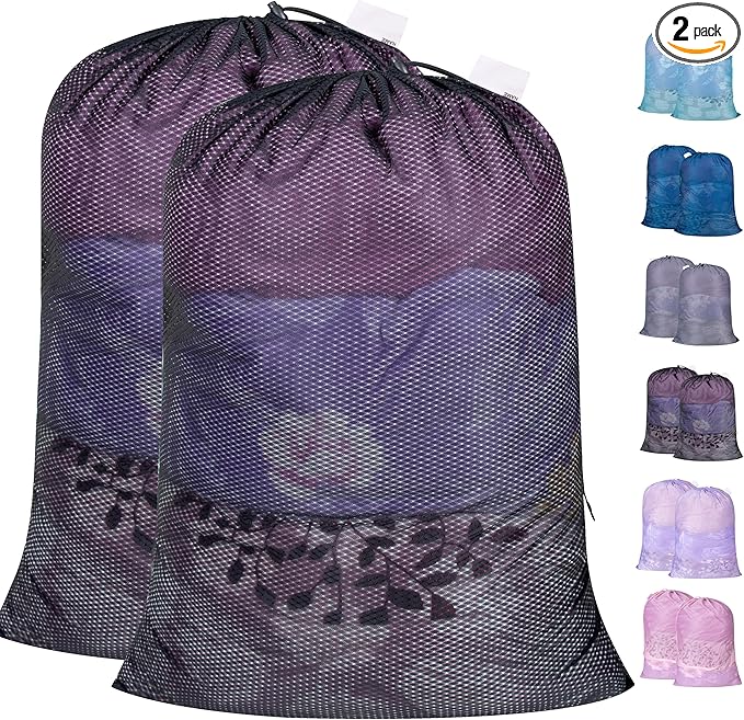 Polecasa Extra Heavy Duty Large Diamond Mesh Laundry Bags with Drawstring Closure & ID Tag, 2 Pack 24 x 36 inches Washable Storage Bag for College, Travel, Sports, Dorms, Black