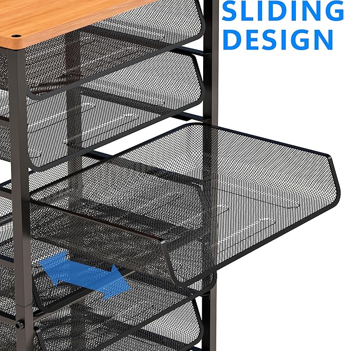 Simple Trending 12 Tier Rolling File Cart,Wood Desk File Organizer with Sliding Trays and Wetal Mesh Paper Letter Storage Multi-Functional Rolling Clutter Cart for Office, Home, School, Black