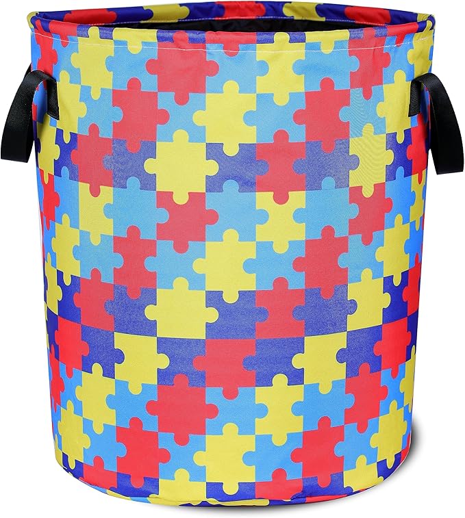 Autism Awareness Laundry Basket Colorful Puzzle Foldable Oxford Cloth Funny Tote Bag Laundry Hamper Clothes Storage Bucket Organizer For Bathroom/Laundry Storage/Bedroom 17.7x13.7 Inch