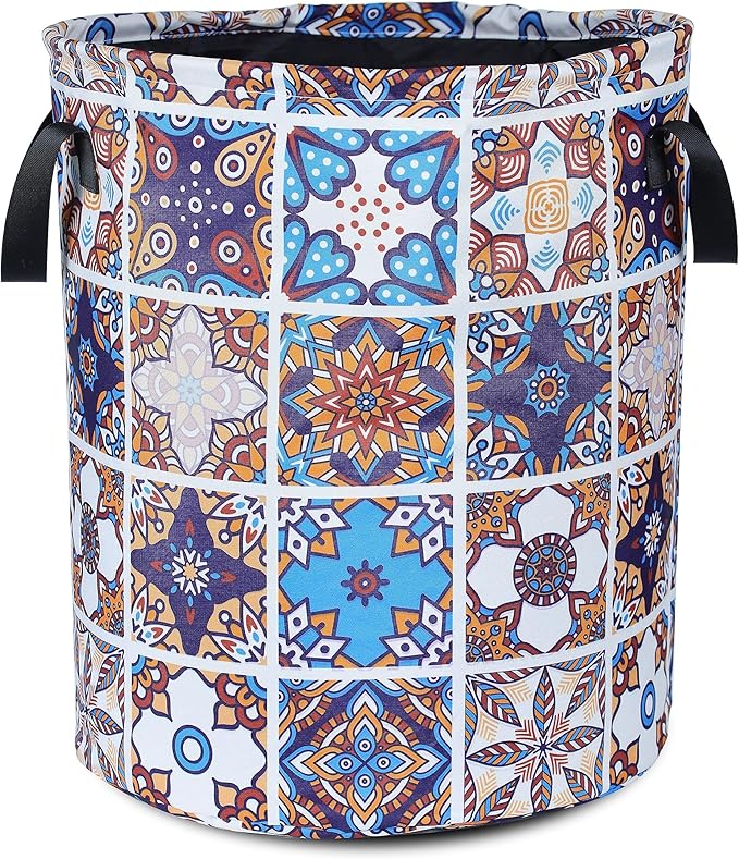 Mexican Tiles Pattern Laundry Basket Mandala Flowers Foldable Oxford Cloth Funny Tote Bag Laundry Hamper Clothes Storage Bucket Toy Organizer For Bathroom/Laundry Storage/Bedroom 17.7x13.7