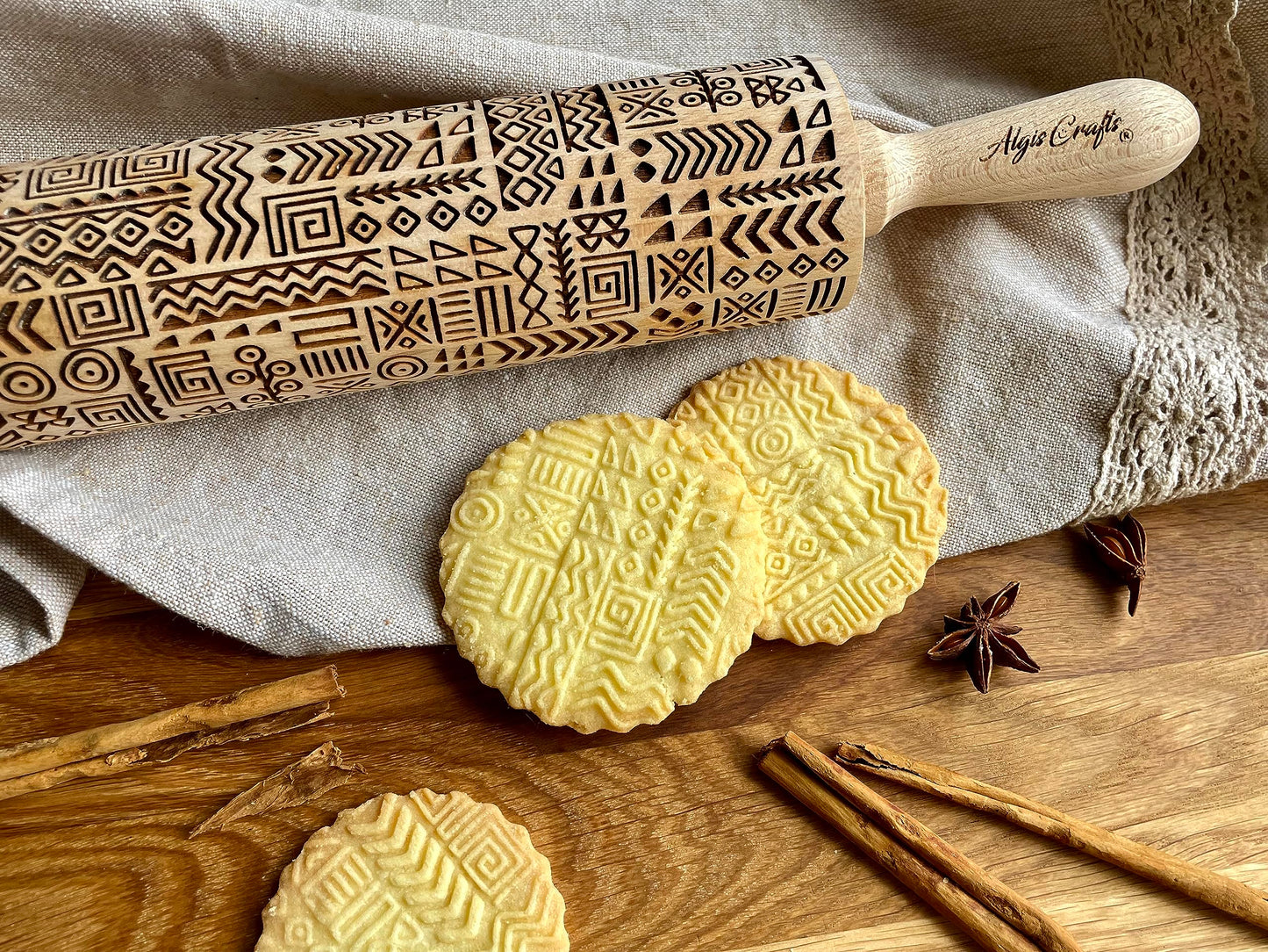 FOLK Embossed Rolling Pin. Wooden Embossing Rolling Pin With Folksy Flowers for Pottery and Cookies by Algis Crafts