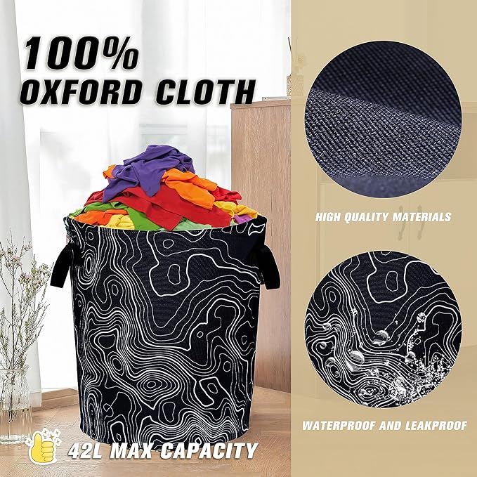 Topographic Map Laundry Basket Topography Pattern Foldable Oxford Cloth Funny Tote Bag Laundry Hamper Clothes Storage Bucket Organizer For Bathroom/Laundry Storage/Bedroom 17.7x13.7