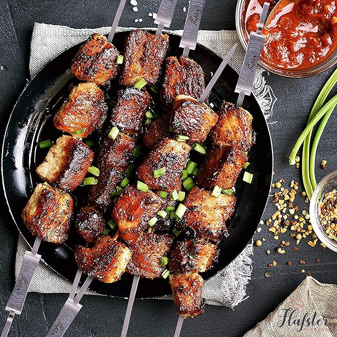 Patented Kabob Skewers for Grilling- BBQ Skewers for Grilling-16" Long Flat Kebab Skewers With Push Bar- Shish Kabob Skewers -Stainless Steel Skewer Sticks for Camping - Wide Reusable Skewers - 8 Pack