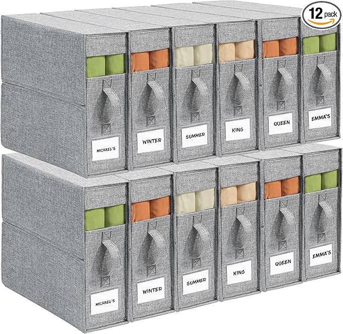 12Pack Sheet Organizers and Storage - King/Queen Size Sheet Storage Organizer with Window, Foldable & Dustproof Sheet Organizer for Linen Closet for Summer Blankets & Sheet Sets,Grey