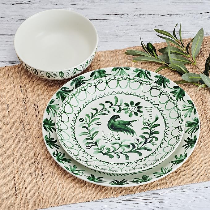 Fitz and Floyd Sicily Green 12-Piece Dinnerware Set - Stoneware Plates and Bowls Set for 4, Floral Green and White Dish Set, Microwave and Dishwasher Safe
