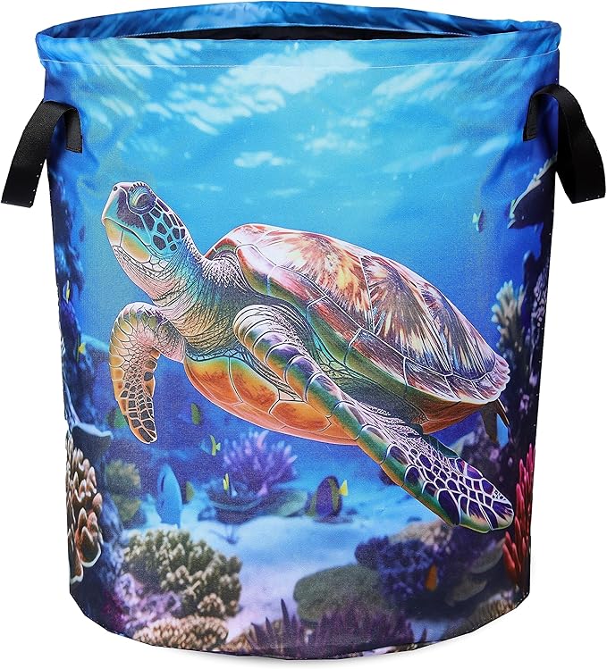 Sea Turtle Laundry Basket Animal Foldable Oxford Cloth Funny Tote Bag Laundry Hamper Clothes Storage Bucket Organizer For Bathroom/Laundry Storage/Bedroom 17.7x13.7 Inch