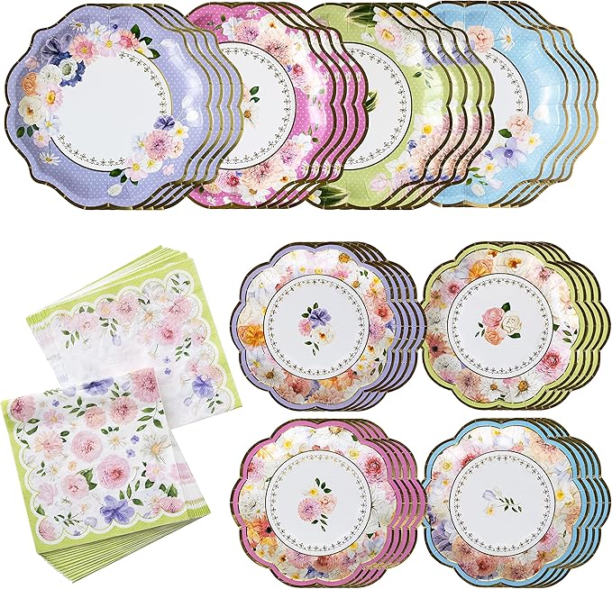 Kate Aspen Garden Blooms 62pc Paper Plates Napkins, 16pcs 7 inch & 16pcs 9 inch Heavy Duty Disposable Party Plates, 30pcs 6.5 inch Durable Paper Napkins for Bridal Shower, Baby Shower, Wedding Party
