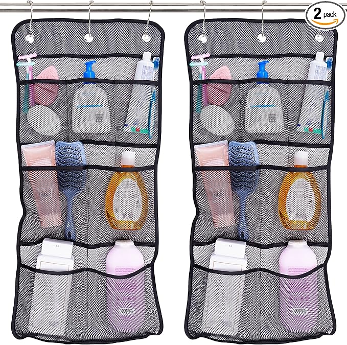 S&T INC. Shower Organizer, Shower Caddy or Bathroom Organizer with Quick Drying Mesh, 7 Pockets to Hold Shampoo, Soap, Loofah, and Cruise Ship Essentials, 14 Inch by 30 Inch, Black, 2 Pack