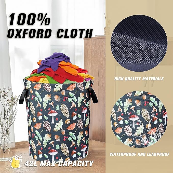 Vintage Mushrooms Laundry Basket Forest Plants Foldable Oxford Cloth Funny Tote Bag Laundry Hamper Clothes Storage Bucket Organizer For Bathroom/Laundry Storage/Bedroom 17.7x13.7 Inch