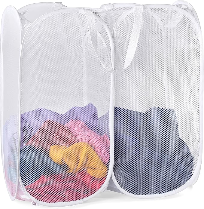 Handy Laundry Mesh Popup Hamper - Two Compartments, Collapsible for Storage and Easy to Open. Folding Pop-Up Clothes are Great for The Kids Room, College Dorm or Travel. (White)